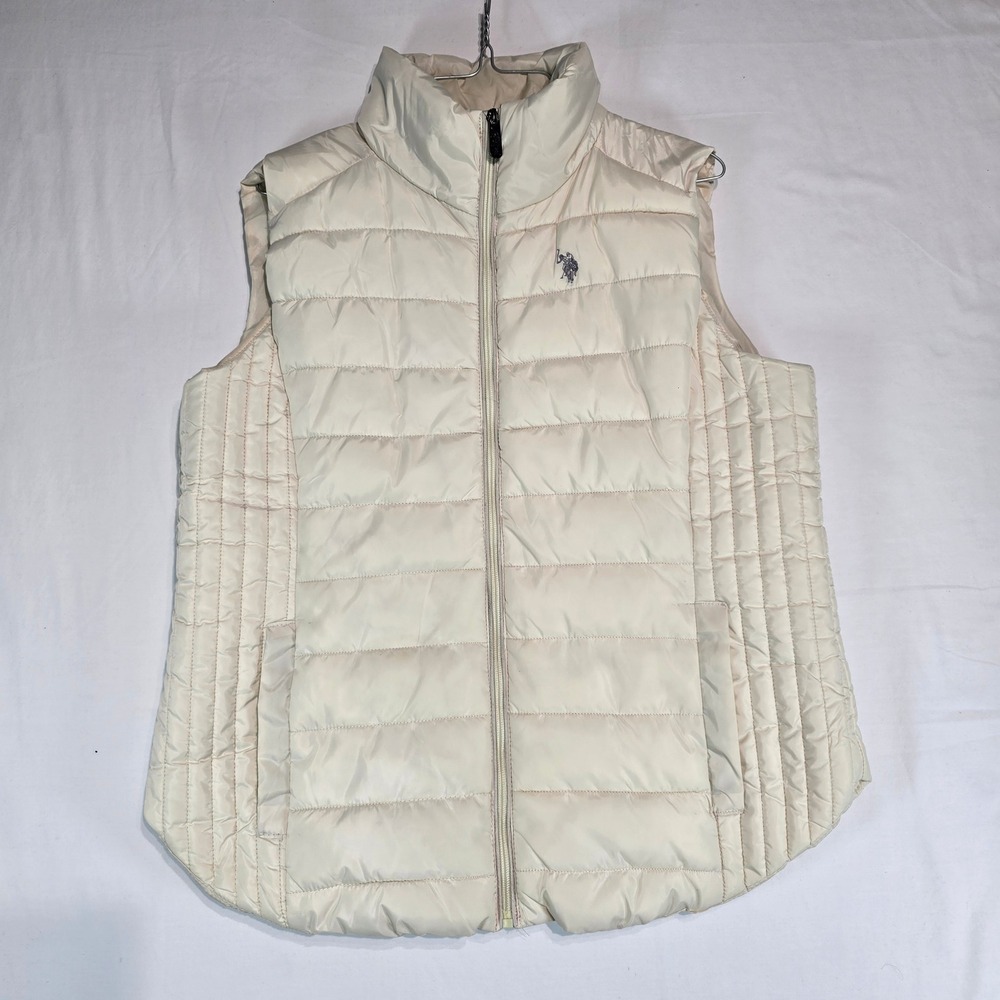 US Polo Assn Womens Cream Quilted Puffer Vest Large Full Zip Off White 015128PC